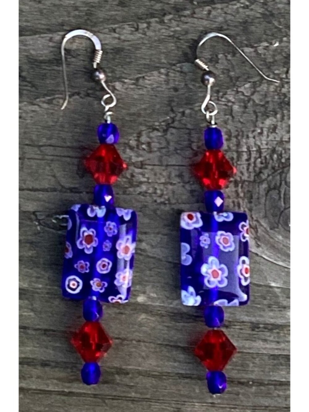 Handmade Venetian Murano Millefiori Glass Bead Earrings  with Crystals & 925